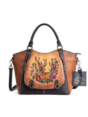 Genuine Leather Floral Deer Embossed Satchel Handbag with Removable Strap
